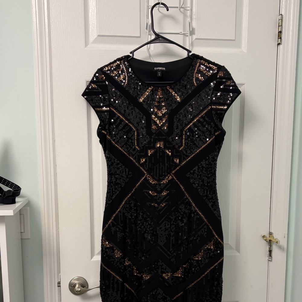 Express Black and Gold Geometric Sequin Mini Dress